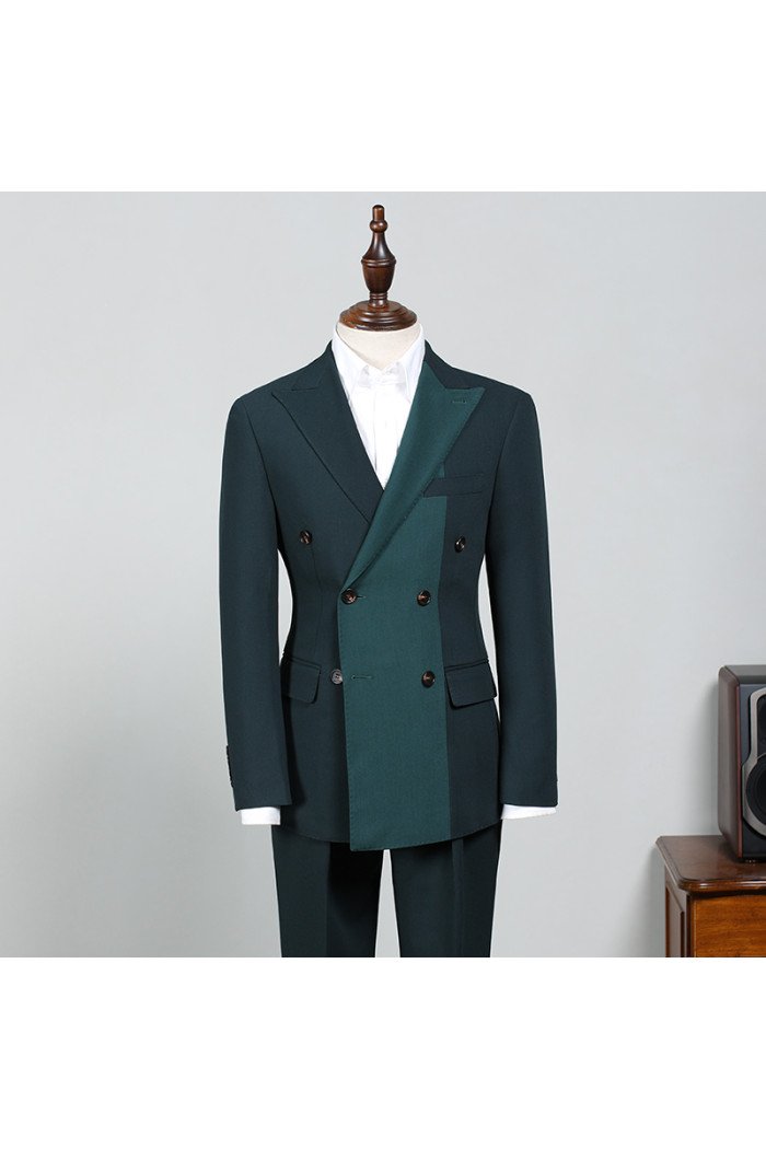 Leo Dark Green Splicing Peaked Lapel Double Breasted Two Pieces Men Suits