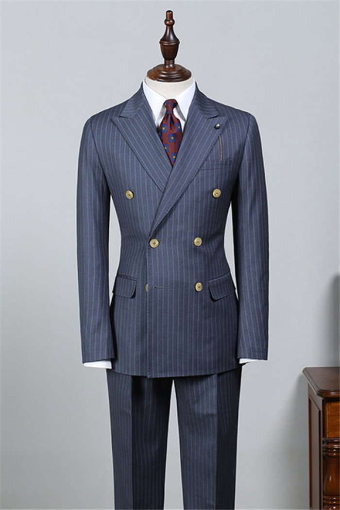 Jack Chic Gery Stripe Double Breasted Peaked Lapel Two Pieces Men Suits