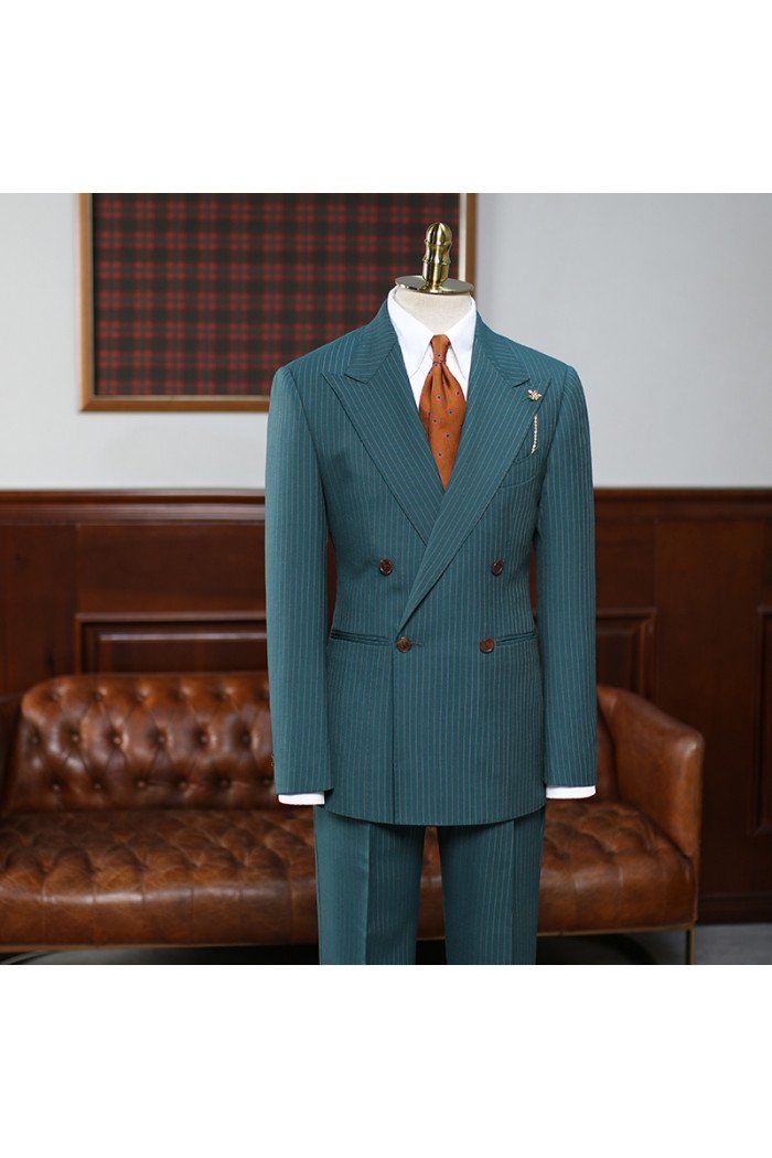 Zachary Modern Green Striped Peaked Lapel Double Breasted Men Suits