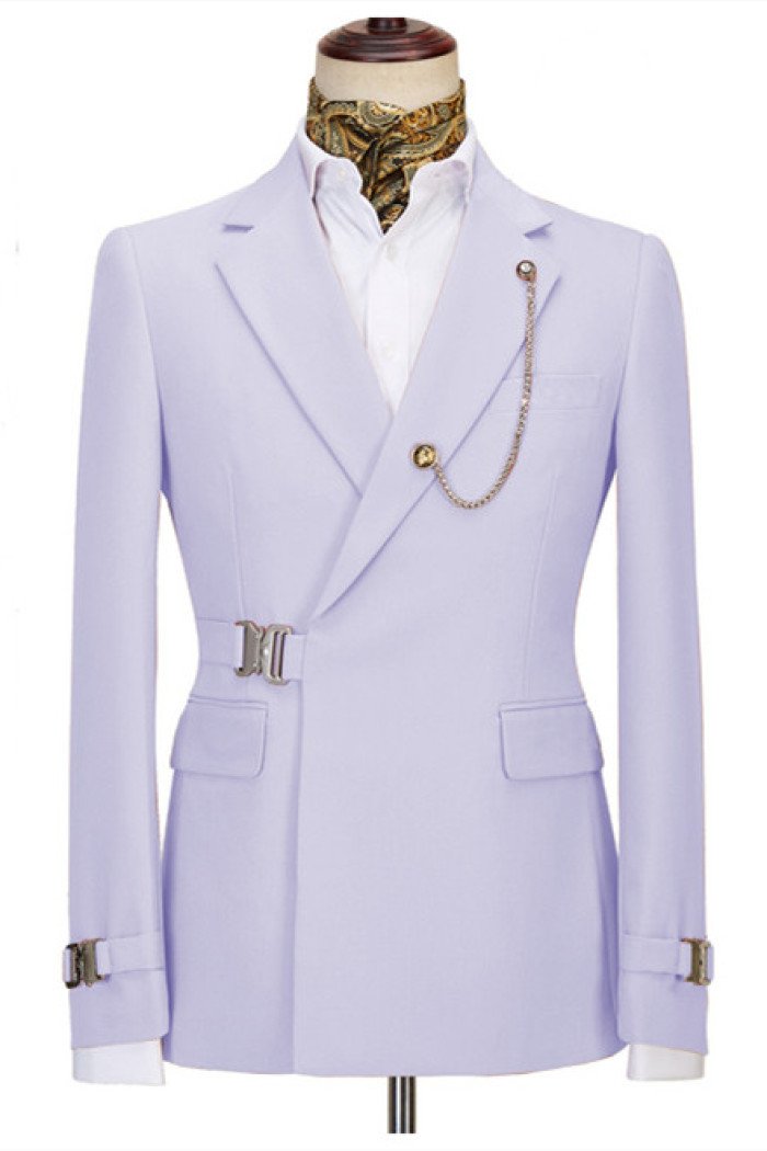 Fashion Light Purple Notched Lapel Slim Fit Men Suit with Buckle
