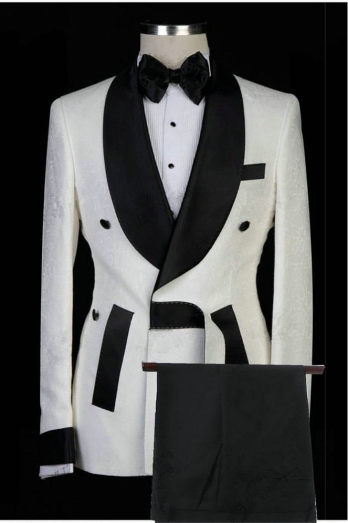 Fashion White Jacquard Shawl Lapel Stylish Men Suits for Wedding