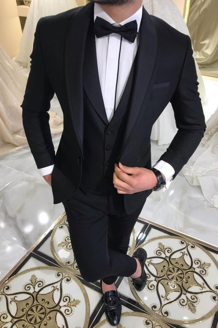 3 Piece Black Men's Suits for Groom | Shawl Lapel Wedding Tuxedos with Waistcoat