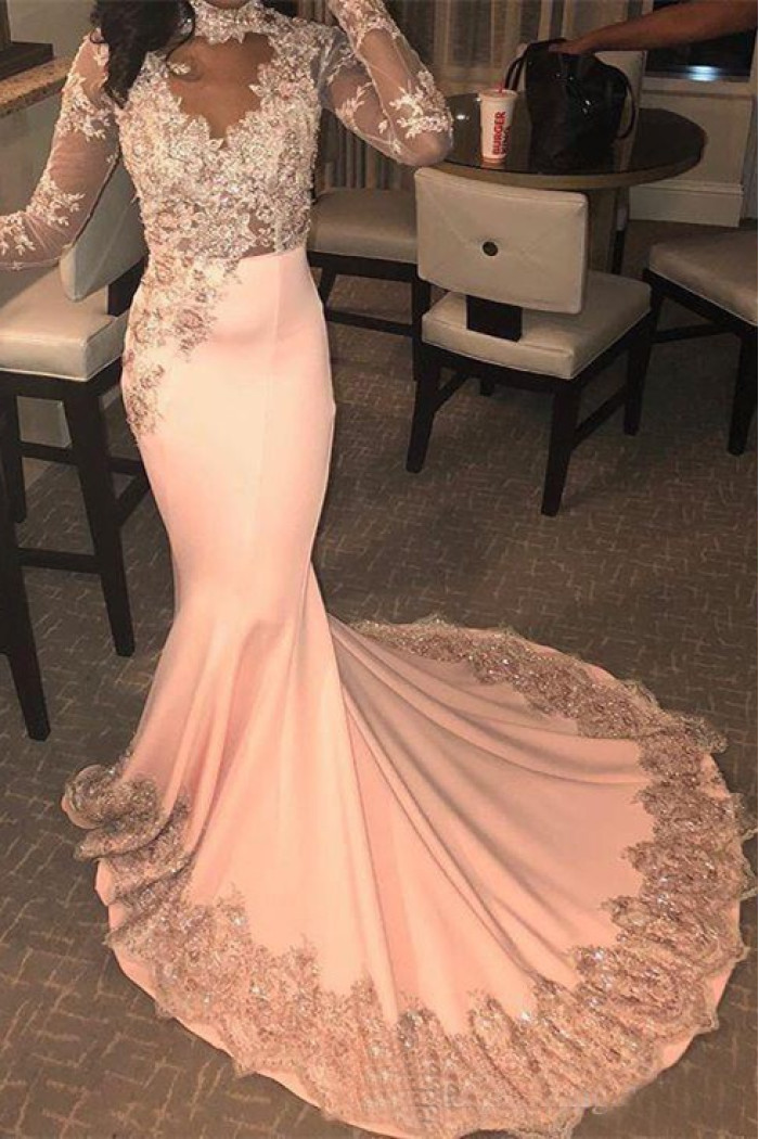 Trendy Long Sleeves Beading Sequins Appliques Pink Mermaid Prom Dresses
