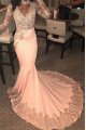 Trendy Long Sleeves Beading Sequins Appliques Pink Mermaid Prom Dresses