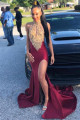 Sleeveless Halter Side Slit Keyhole Golden Appliques Burgundy Mermaid Prom Dresses Sleeveless Halter Side Slit Keyhole Golden Appliques Burgundy Mermaid Prom Dresses