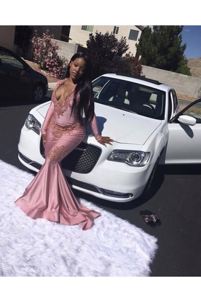 Pink Mermaid Long Sleeves Appliques V-neck Floor Length Prom Dresses Pink Mermaid Long Sleeves Appliques V-neck Floor Length Prom Dresses