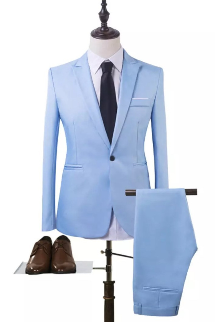 Fashion Sky Blue Peaked Lapel Bespoke Business Men Suits