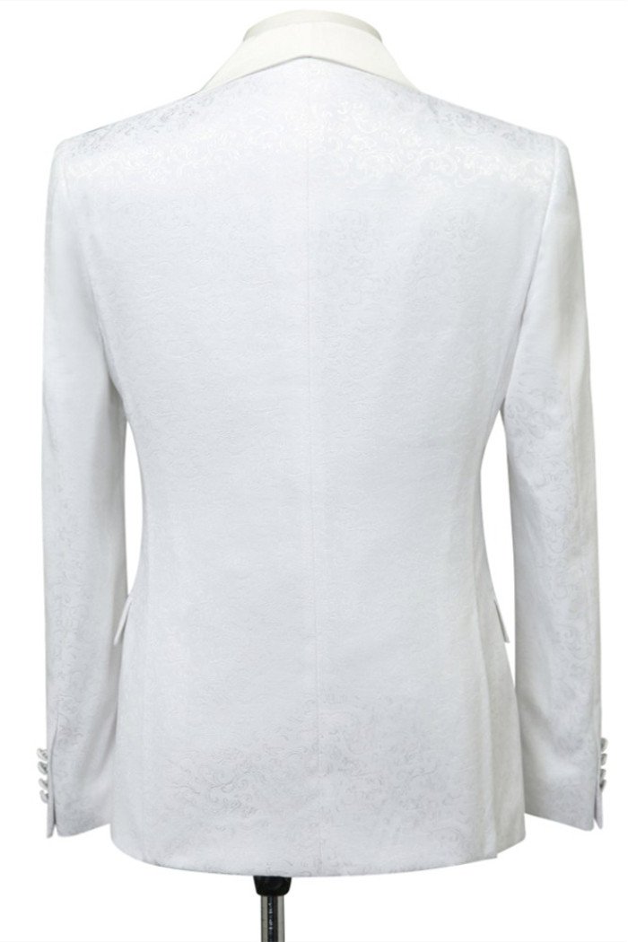 Fashion White Jacquard Close Fitting Shawl Lapel Wedding Suits