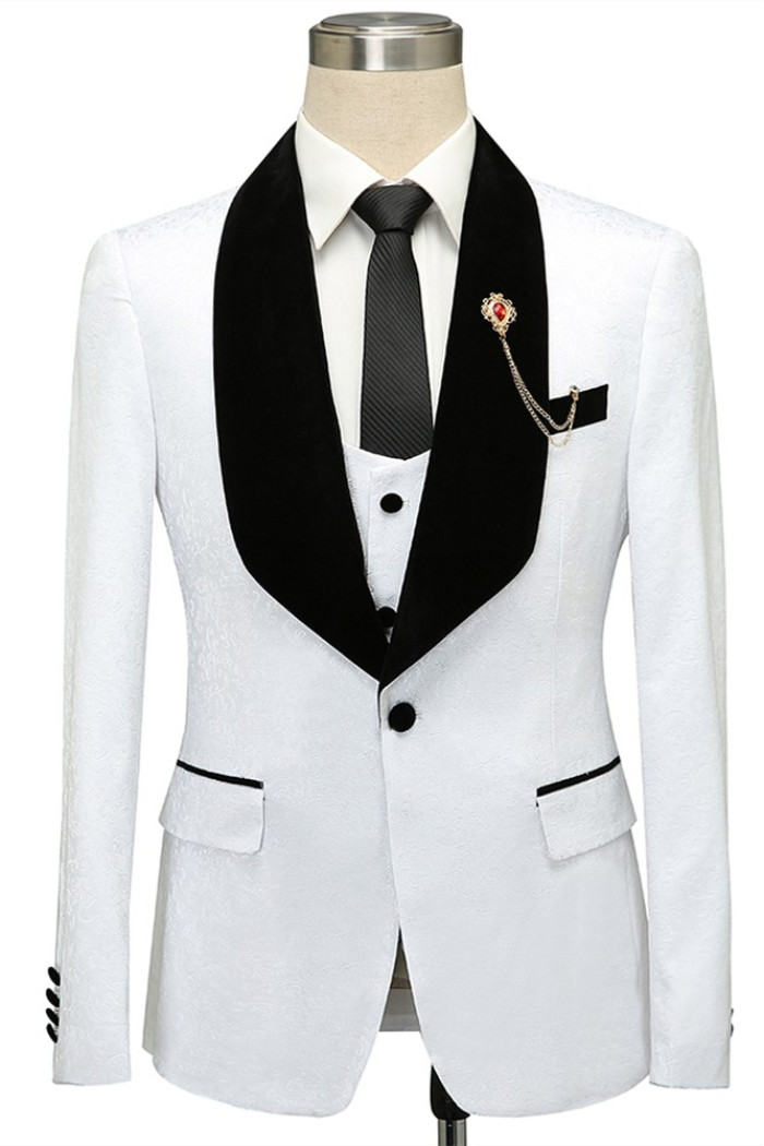 Fashion White Jacquard One Button Wedding Men Suits with Black Lapel