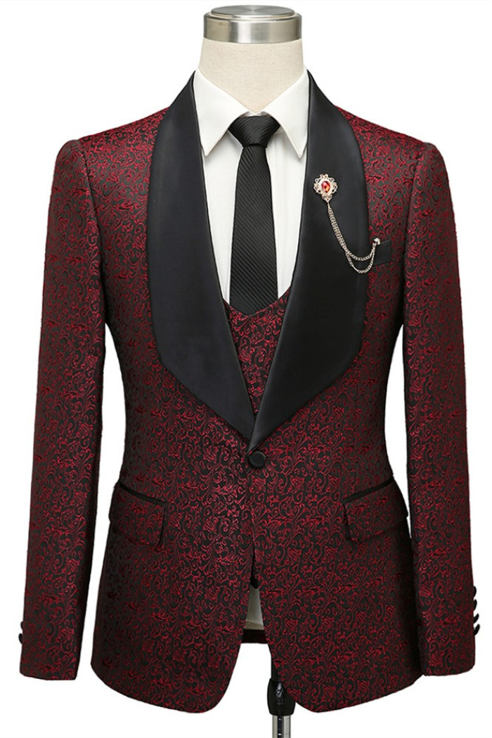 Latest Design Burgundy One Button Shawl Lapel Jacquard Wedding Groom Suits