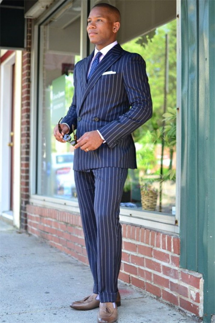 New Arrival Dark Blue Double Breasted Striped Formal Business Men Suits