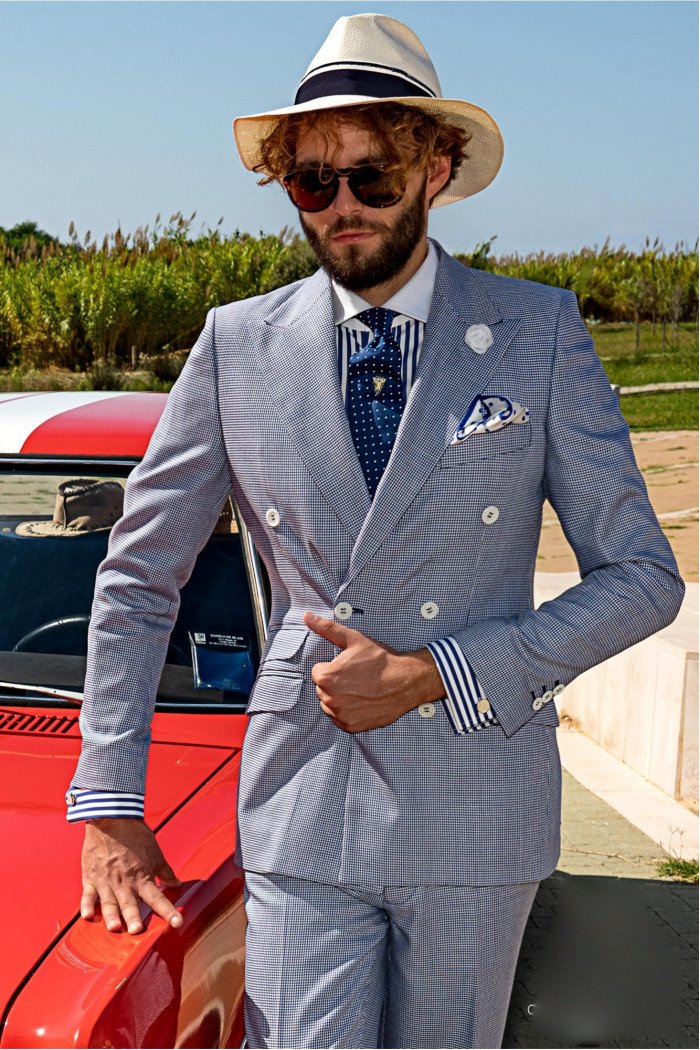 Silver Double Breasted Peaked Lapel Bespoke Plaid Formal Men Suits