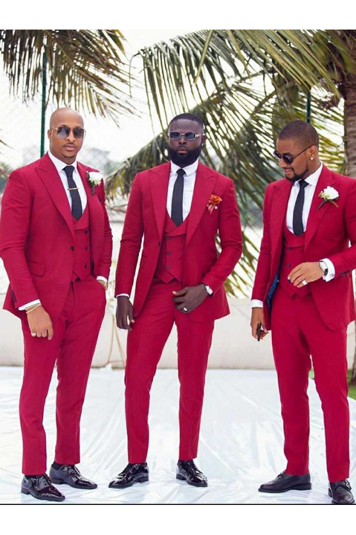 Red Close Fitting Peaked Lapel Wedding Groomsmen Suit with 3 Pieces