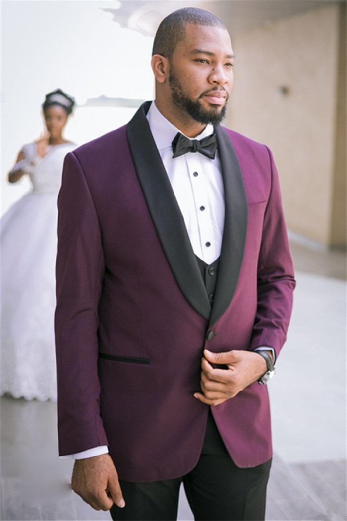 Charles Purple Three-Piece Close Fitting Wedding Suits with Black Lapel