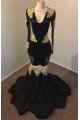 Fashion Black Mermaid V-Neck Long Sleeves Appliques Prom Dresses