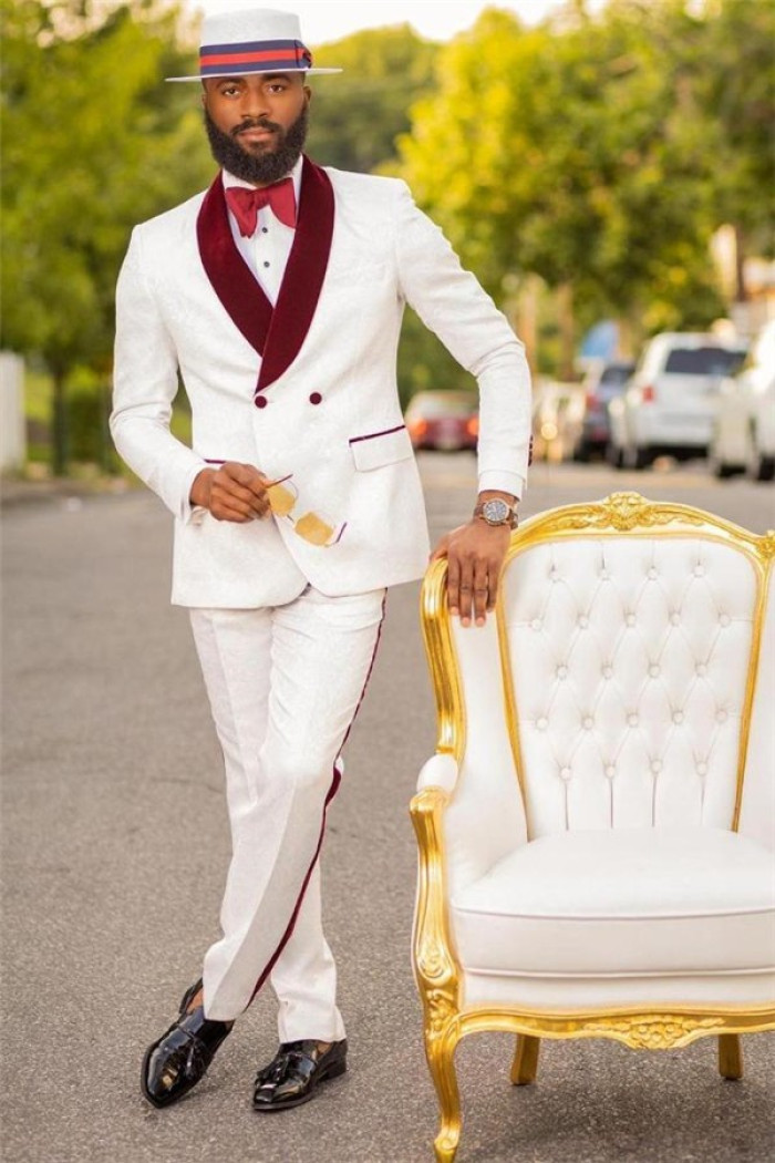 Bespoke White Jacquard Double Breasted Wedding Suit with Burgundy Lapel