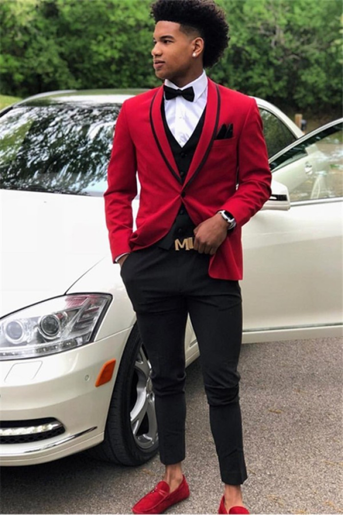 Gorgeous Red One Button Close Fitting Prom Outfits for Guys