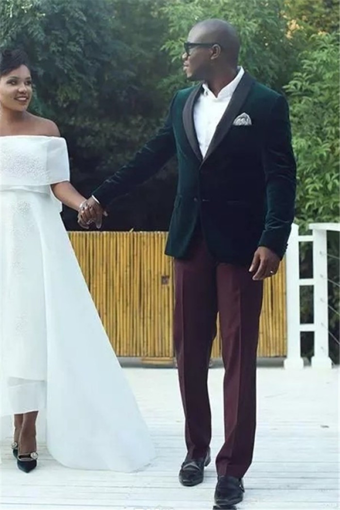 Dark Green Velvet Shawl Lapel Slim Fit Wedding Suits for Men