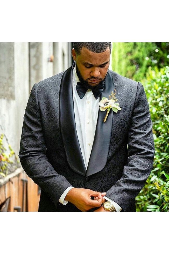 Newest Fashion Black Jacquard Shawl Lapel Wedding Men Suits