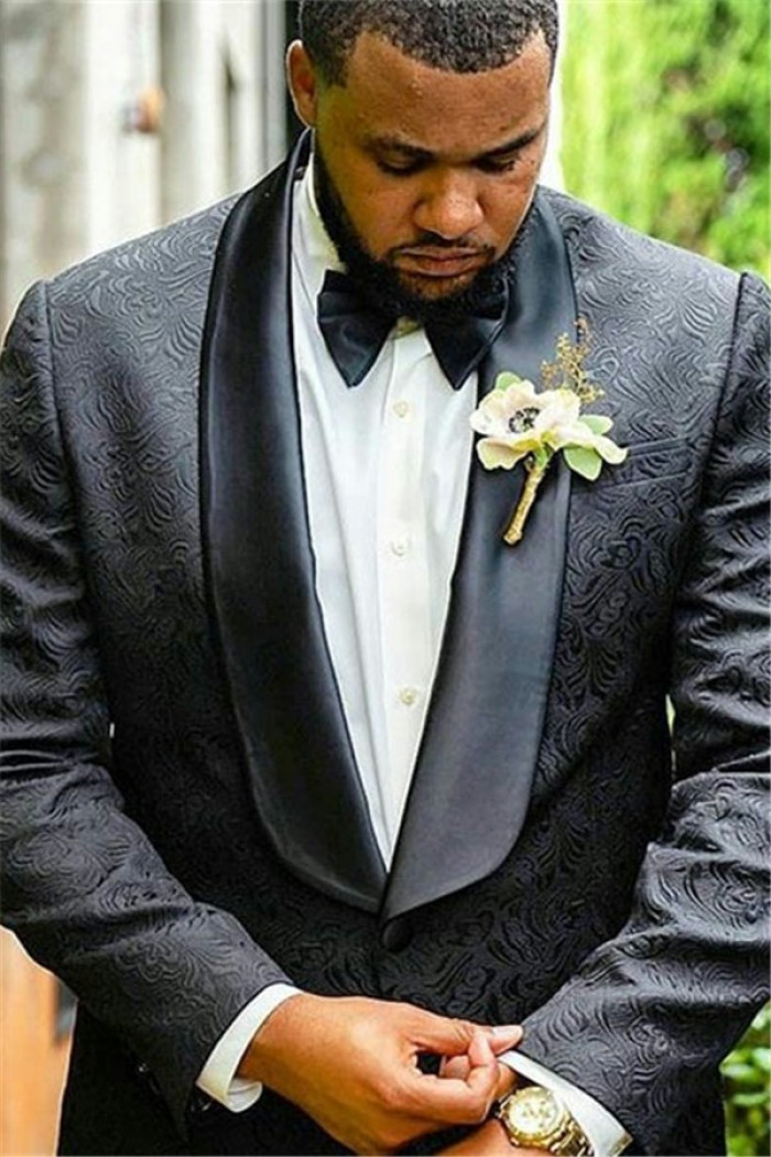 Newest Fashion Black Jacquard Shawl Lapel Wedding Men Suits