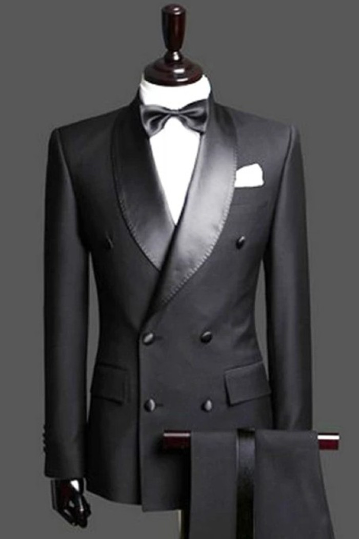 Kash Black Double Breast Wedding Suits Tuxedos | Satin Lapel 2 Pieces for Wedding