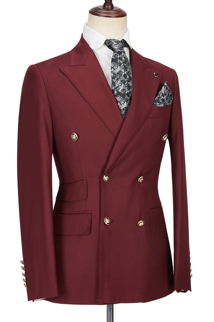 Luman Chic Double Breasted Burgundy Peak Lapel Men's Formal Suit
