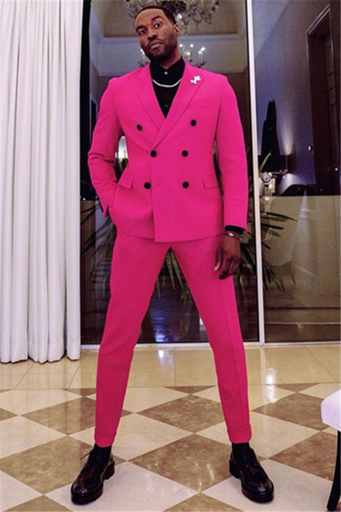 Fashion Fuchsia Two Breasted Peaked Lapel Prom Men Suit