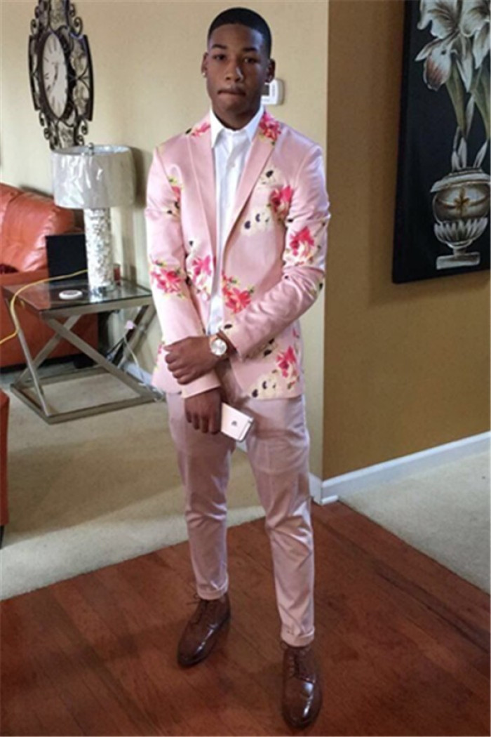 Lovely Flower Printed Two Pieces Pink Prom Men Suit