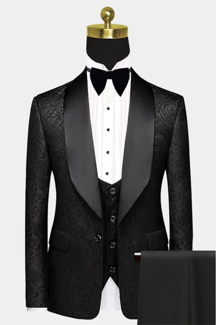 Black Satin Shawl Lapel Wedding Suits | One Button Popular Jacquard Wedding Tuxedos