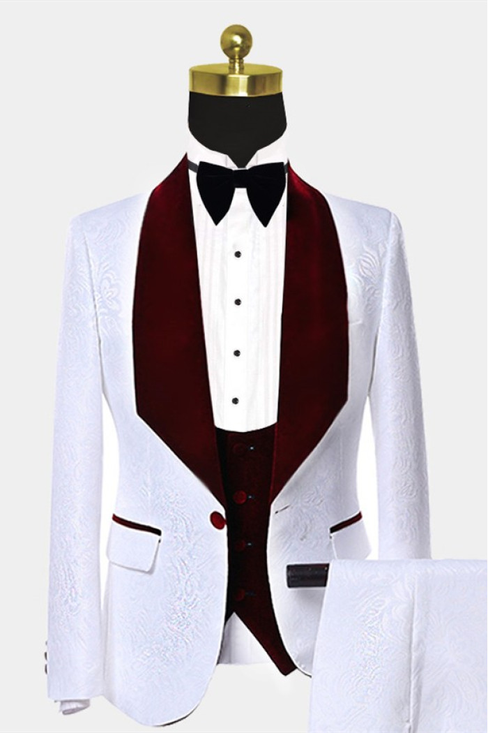 Burgundy Velvet Lapel Wedding Suits | White Jacquard Chic Wedding Tuxedos