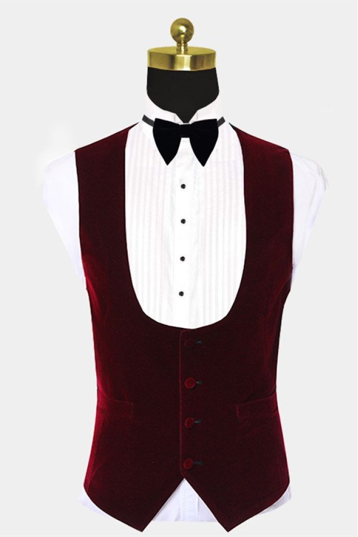 Burgundy Velvet Lapel Wedding Suits | White Jacquard Chic Wedding Tuxedos