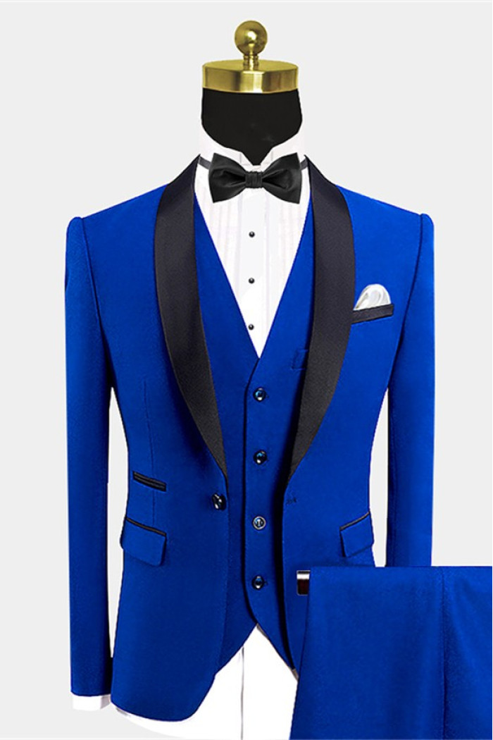 Modern Royal Blue Suits for Groom | Black Satin Shawl Lapel Wedding Tuxedo for Groomsmen - Vic
