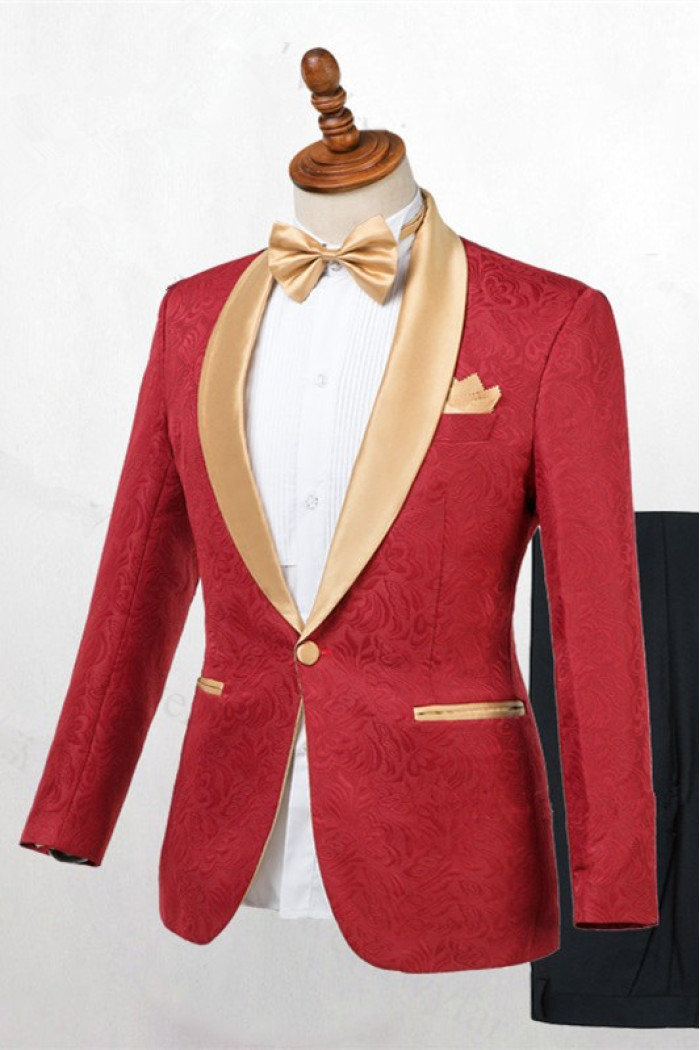 Newest Red Jacquard One Button Wedding Men Suits with Gold Lapel