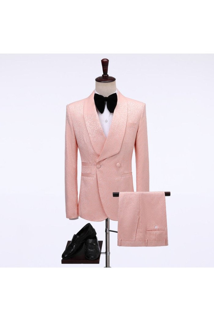 Fashion Pink Double Breasted Jacquard shawl Lapel Wedding Men Suits