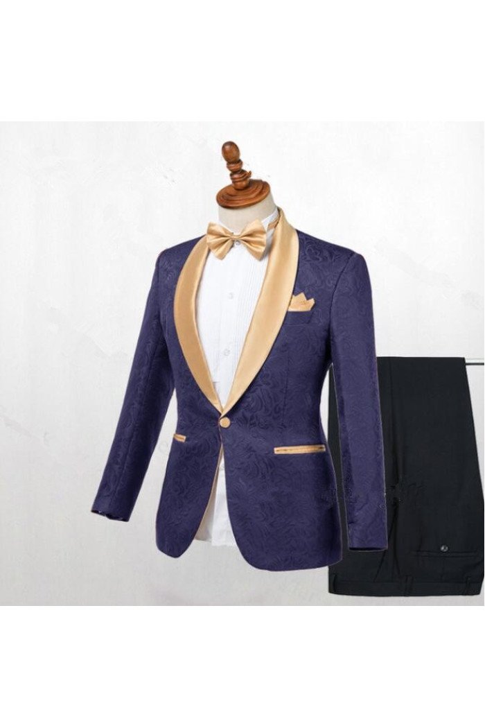 Slim Fit Dark Blue Jacquard Shawl Lapel Wedding Suits