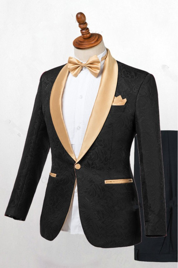 Josiah Cool Black One Button Wedding Men Suits with Gold Lapel