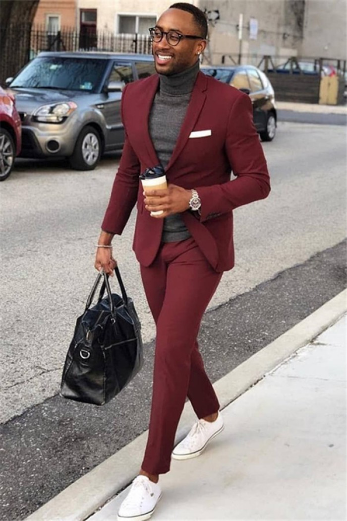 Burgundy One Button Men Suit | Close Fitting Formal Business Suit