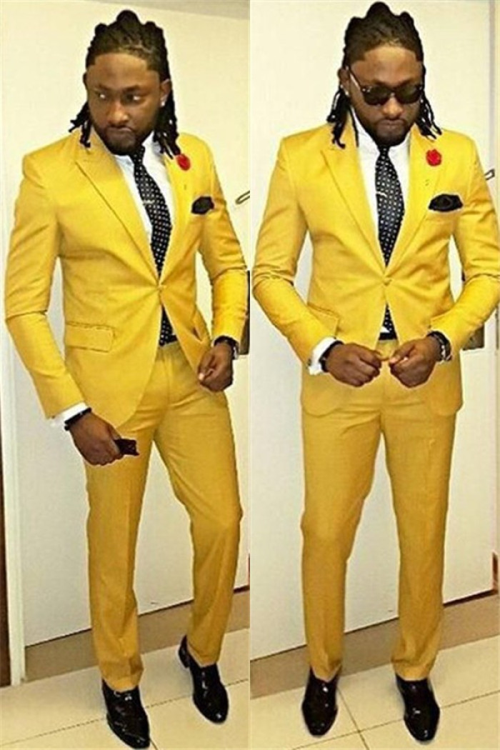 Chic Yellow Peaked Lapel One Button Suits for Men