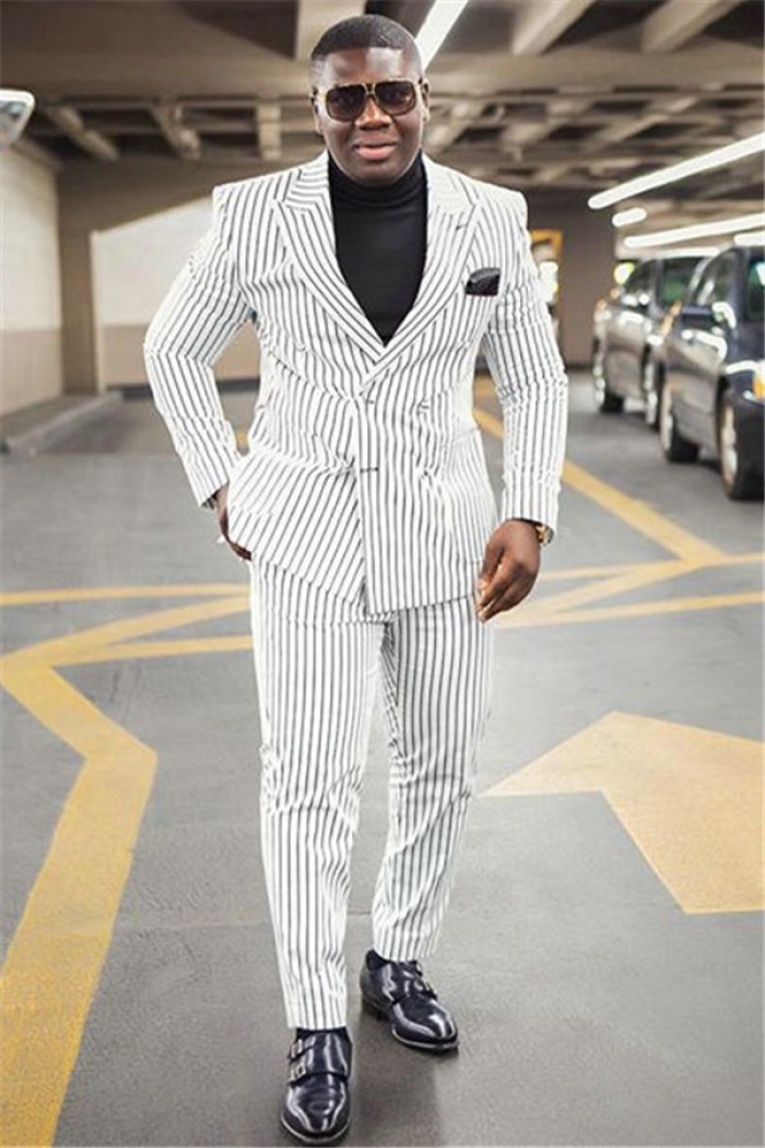 Fashion White Striped Peaked Lapel Formal Business Mens Suit
