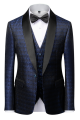 Stylish Dark Navy Blue Men's Wedding Tuxedos | Black Satin Lapel Jacquard Prom Suits