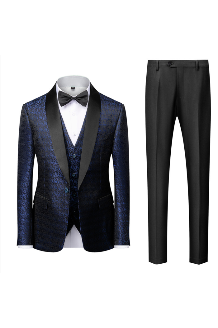 Stylish Dark Navy Blue Men's Wedding Tuxedos | Black Satin Lapel Jacquard Prom Suits