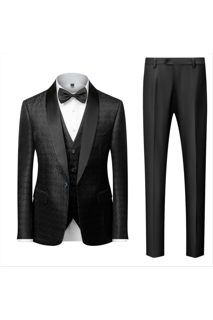 Latest Design Black Satin Shawl Lapel Jacquard Suits Men's Wedding Tuxedos