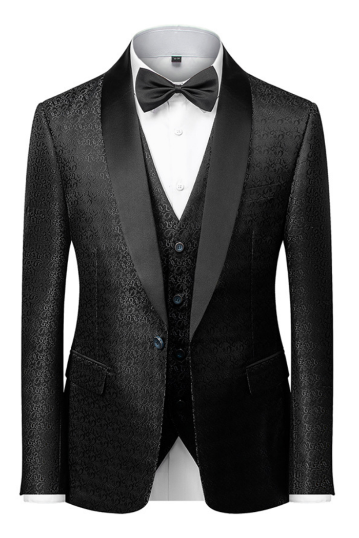 Latest Design Black Satin Shawl Lapel Jacquard Suits Men's Wedding Tuxedos