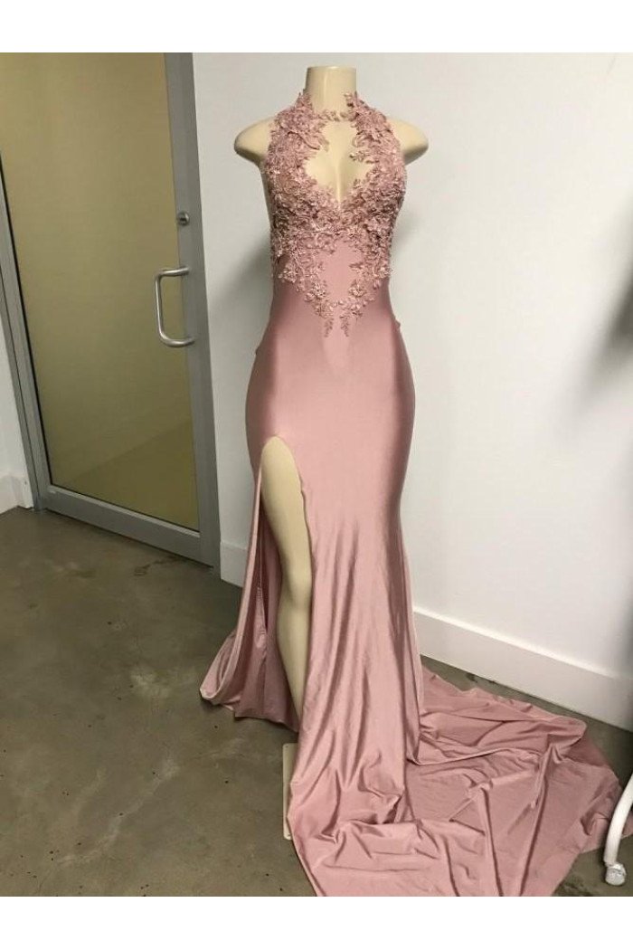 Elegant Pink Sleeveless Front Slit Appliqued Mermaid Prom Dresses