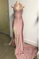 Elegant Pink Sleeveless Front Slit Appliqued Mermaid Prom Dresses