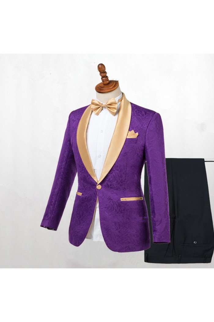 Fashion Purple One Button Gold Lapel Wedding Men Suit