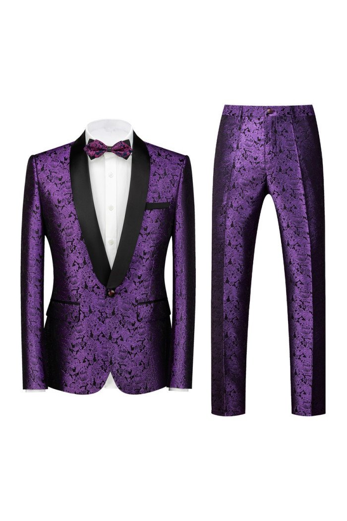 Joel Purple Jacquard Close Fitting Black Lapel Wedding Suits for Men