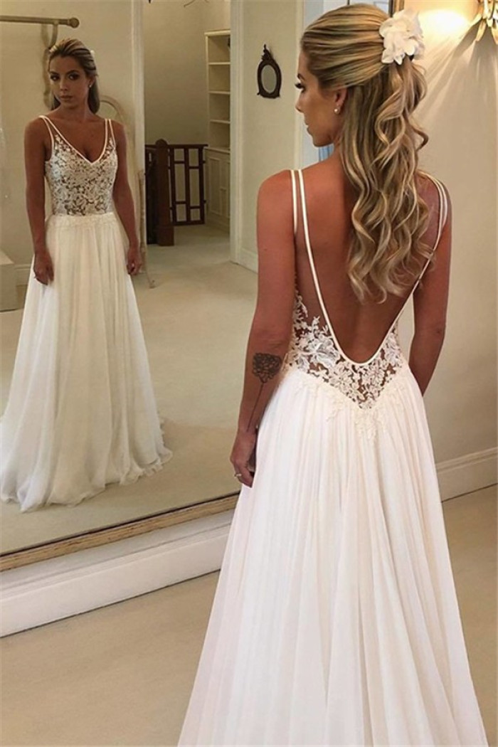 White V-Neck Sleeveless Appliques A-Line Floor-Length Wedding Dresses