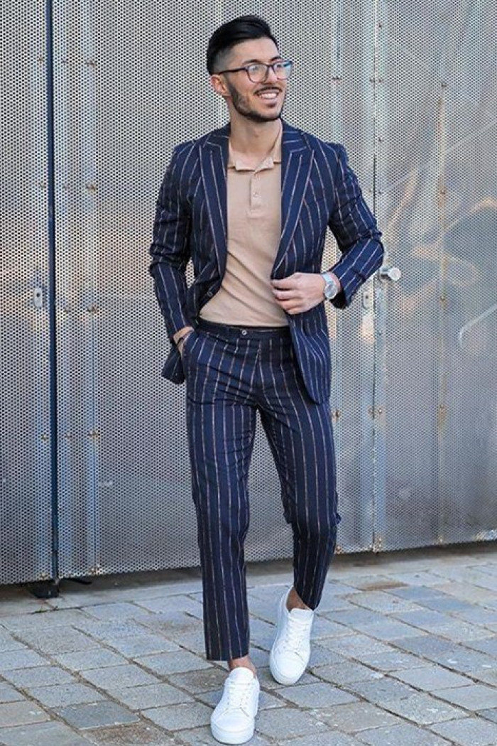 Stylish Dark Nay Striped Peaked Lapel Handsome Men Suit