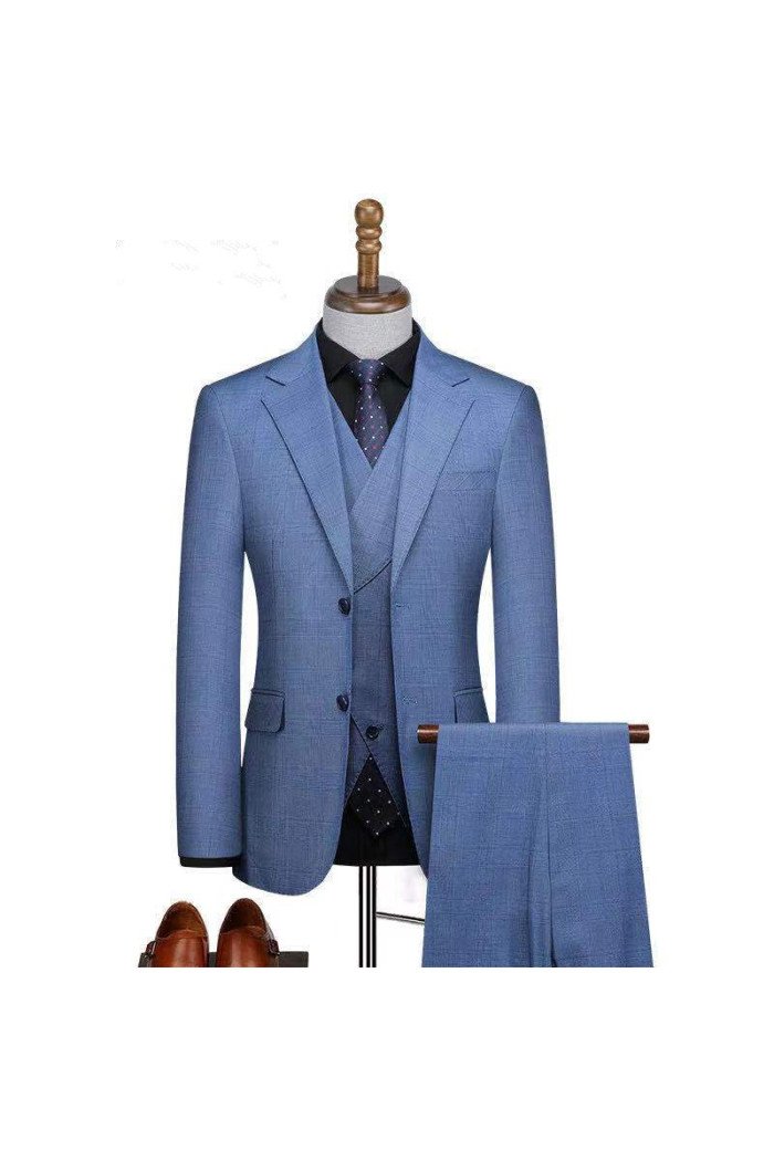 Zachariah Stylish Blue 3-Pieces Close Fitting Notched Lapel Business Suits